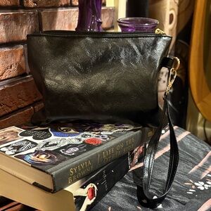 Black Leather Wristlet Clutch